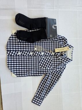NWT 3T Navy & White Gingham Shirt with Black Socks by Gap